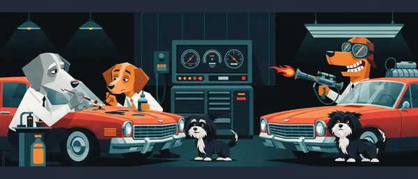 Havanese dogs observe. Dark garage. Left: dogs detail red car. Right: grinning dog with flamethrower & souped-up red car. Blue, red, orange.