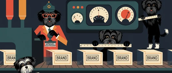 Illustration of Havanese dogs in a factory. One dog in a suit stamps "APROVEL" on "BRAND" boxes. Others measure with rulers. Dark blue, orange, teal.