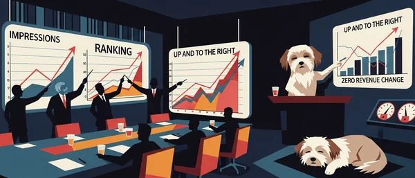 Dark blue, cream, red room. Silhouettes and Havanese dogs. One dog presents 'UP AND TO THE RIGHT, ZERO REVENUE CHANGE' graphs; another sleeps.