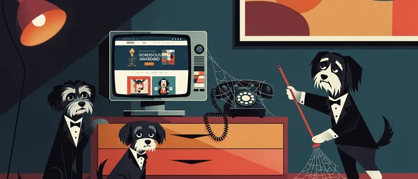 Three Havanese dogs in tuxedos: one watches a monitor, one sits, one sweeps cobwebs from a dusty phone. Dark blue, orange.