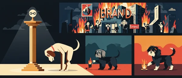Multi-panel: burning city, "BRAND" text. Sad dog by pillar. Two Havanese-like dogs with fire. Dark blue, orange, cream.