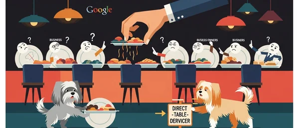 Google hand serves frustrated businesses at table. Two Havanese dogs: one carries food, one points to 'Direct-Table-Servicer' sign. Dark, red, teal tones.