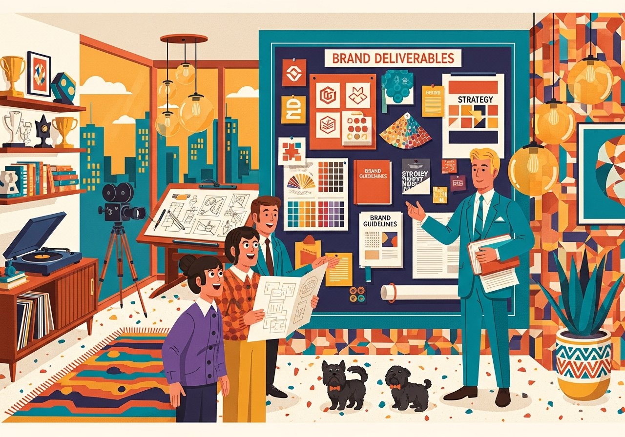 The Sophisticate presenting brand deliverables — logos, color swatches, brand guidelines on a display wall