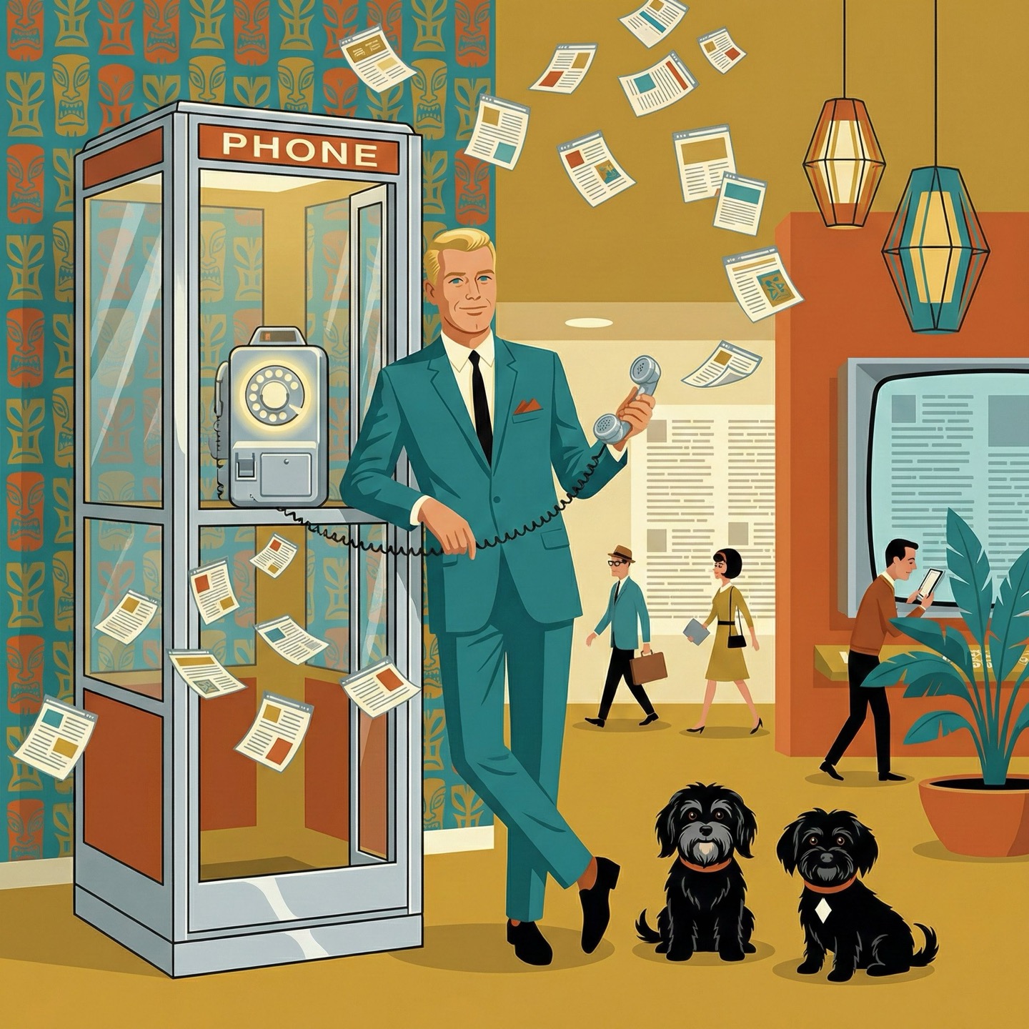 James leaning on a retro phone booth with his dogs — websites fly past unread
