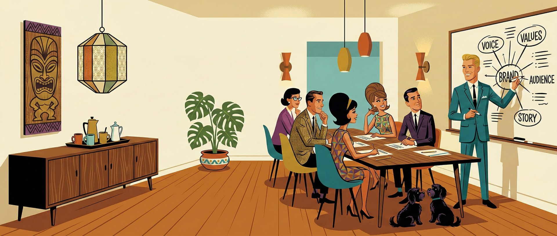The Sophisticate leading a brand strategy workshop — mid-century conference room with clients and whiteboard