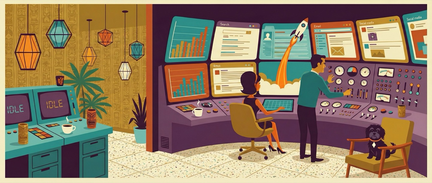 Mid-century mission control room with digital marketing dashboards and a rocket launching