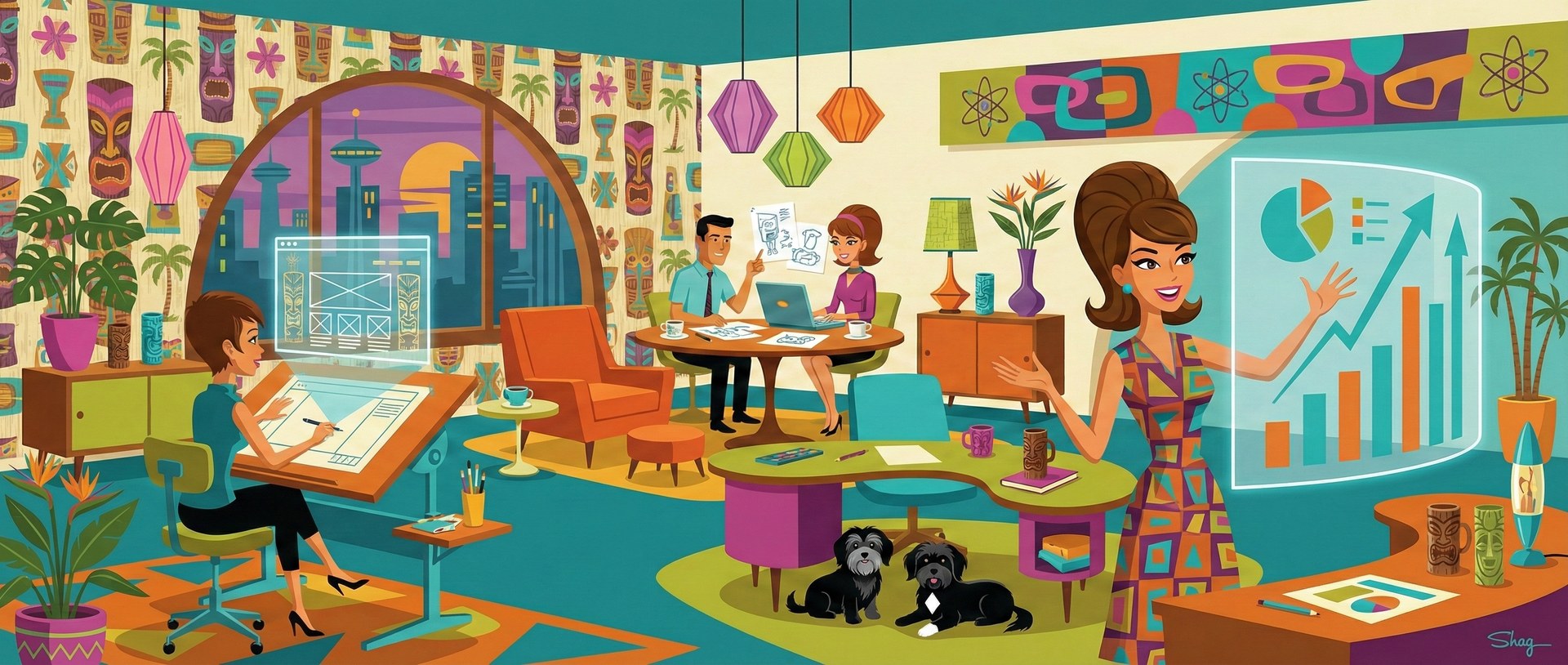 Retro mid-century office building lobby — dapper crocodile in plaid suit gesturing at three department doorways with web design, marketing, and branding