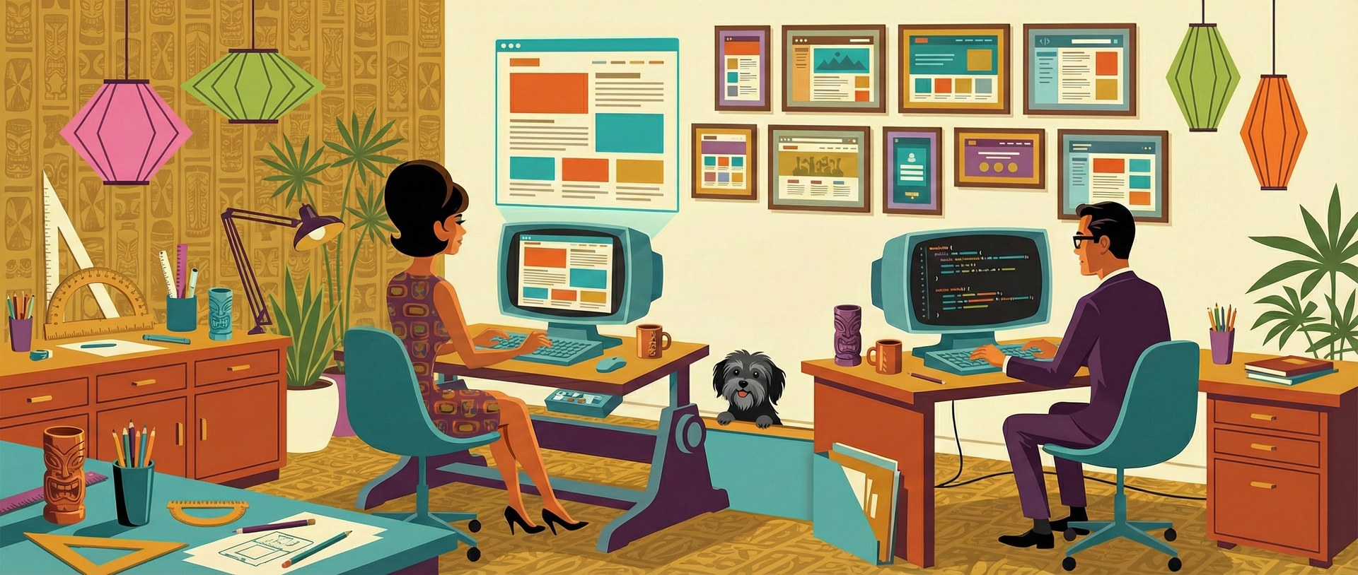 Mid-century modern design studio with retro computers and web layouts on the wall