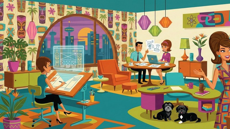 Mid-century design studio with designer at drafting table reviewing website layouts